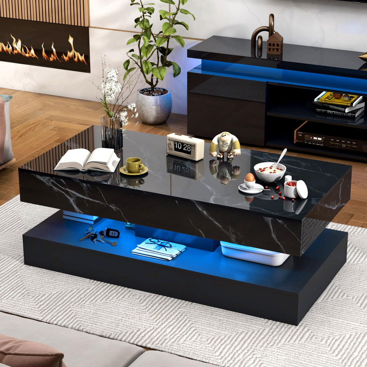 chartustriable 47inch Large High-Glossy LED Coffee Table with 2 Sliding Drawers, Living Room Storage Tables with Marbling Print, Modern Stylish Double-Layer Center Tables w/LED Lights, Black chartustriable