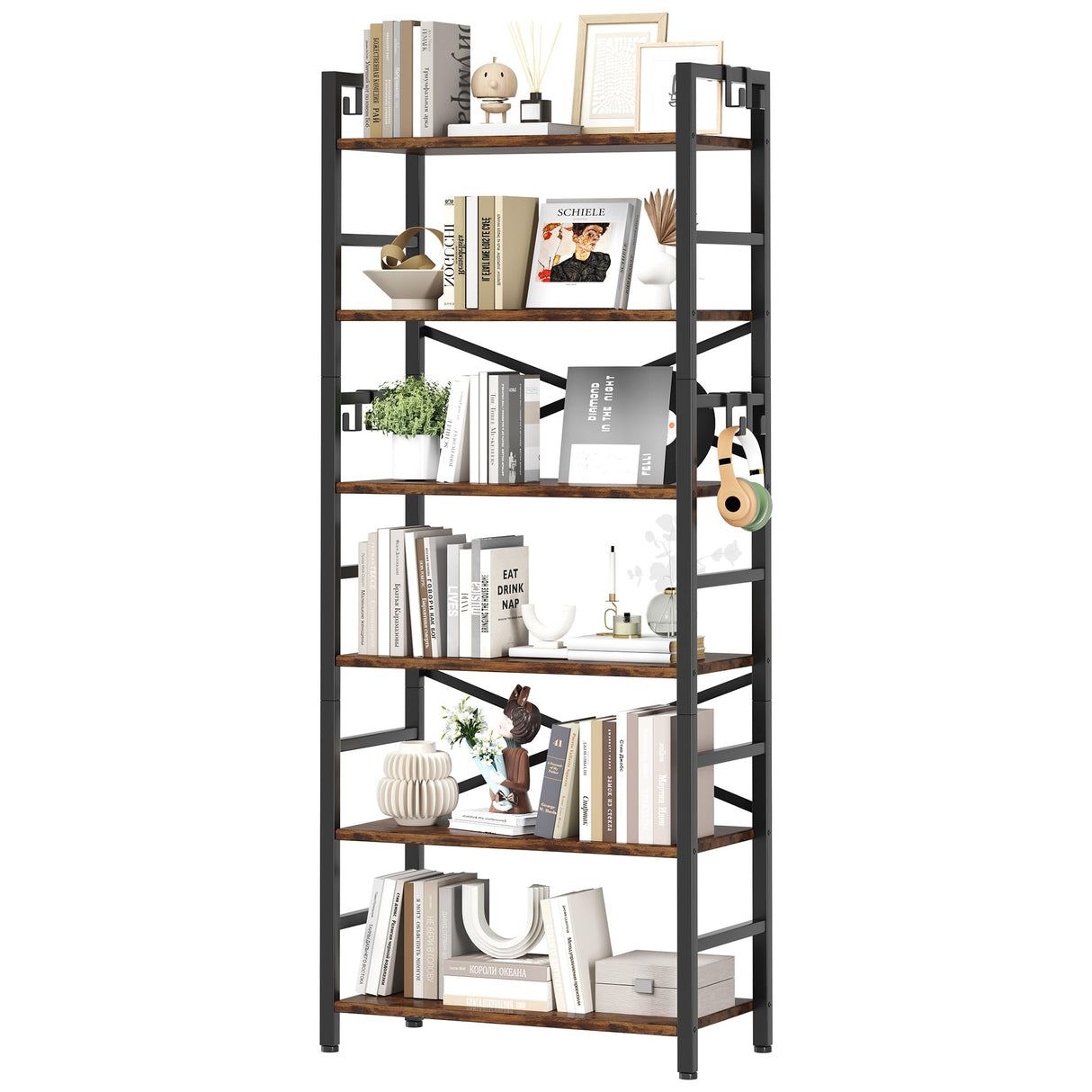 6 Tier Bookshelf, Industrial Bookcase with 8 Hooks, Vintage Storage Rack with Open Shelves, Rustic Standing Bookshelves Metal Frame Display Rack for Living Room, Bedroom, Rustic Brown Homeiju