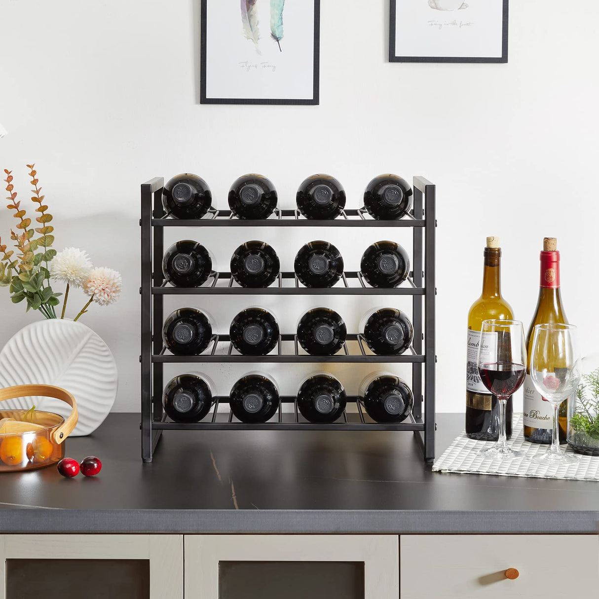 IBUYKE Wine Racks Countertop, 4 Tiers Metal Wine Rack,Wine Rack Freestanding Storage 16 Bottle Capacity, for Home Kitchen, Pantry, Wine Cellar, Bar, Black UTMJ903H IBUYKE