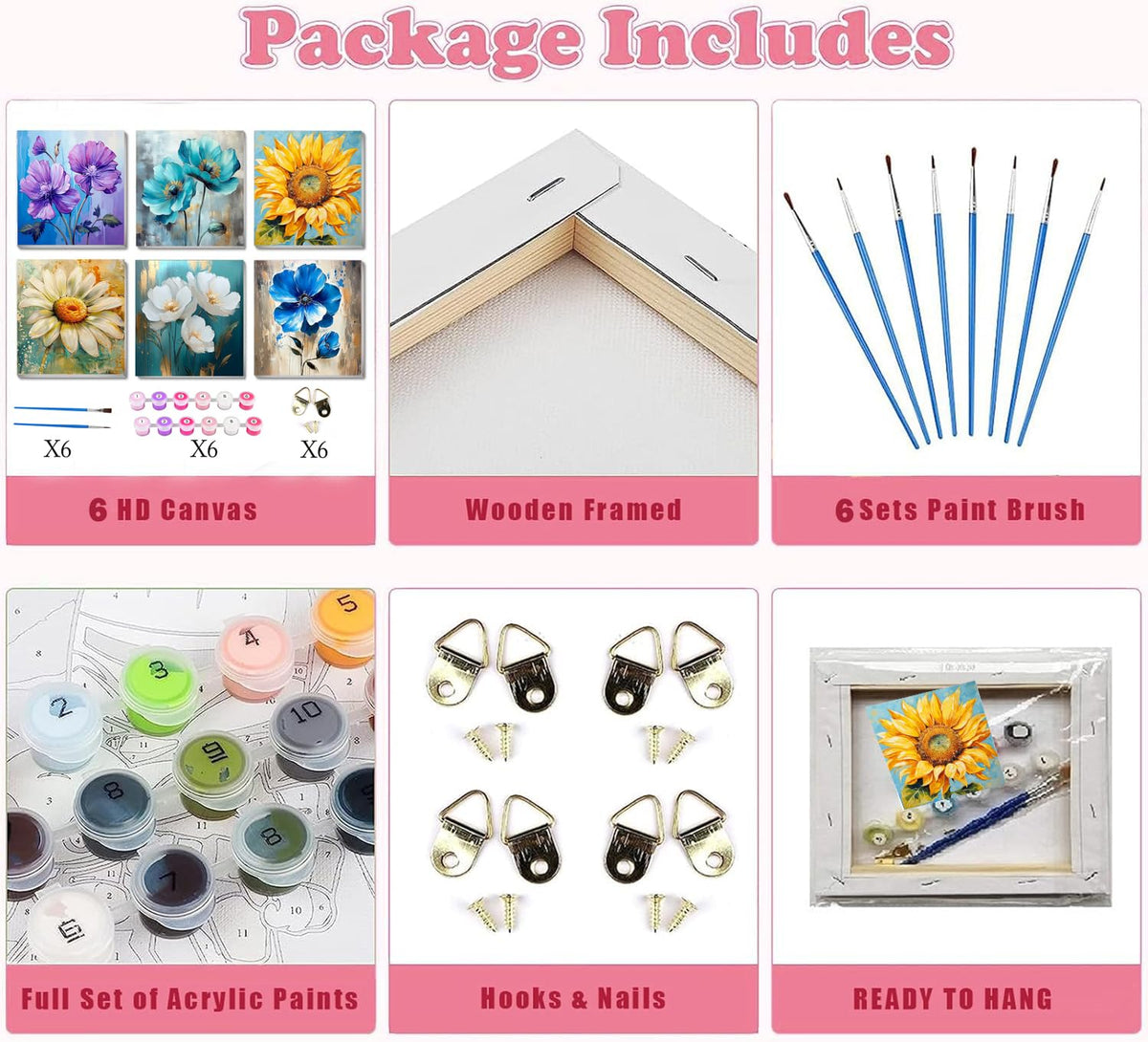 6 Pack Paint by Numbers Kit for Adults/Kids, Easy Framed Adults Paint by Numbers Kits, DIY Simple Flowers Acrylic Oil Painting Number Kits for Home Wall Decor (8 x 8 Inch) SYDYLH