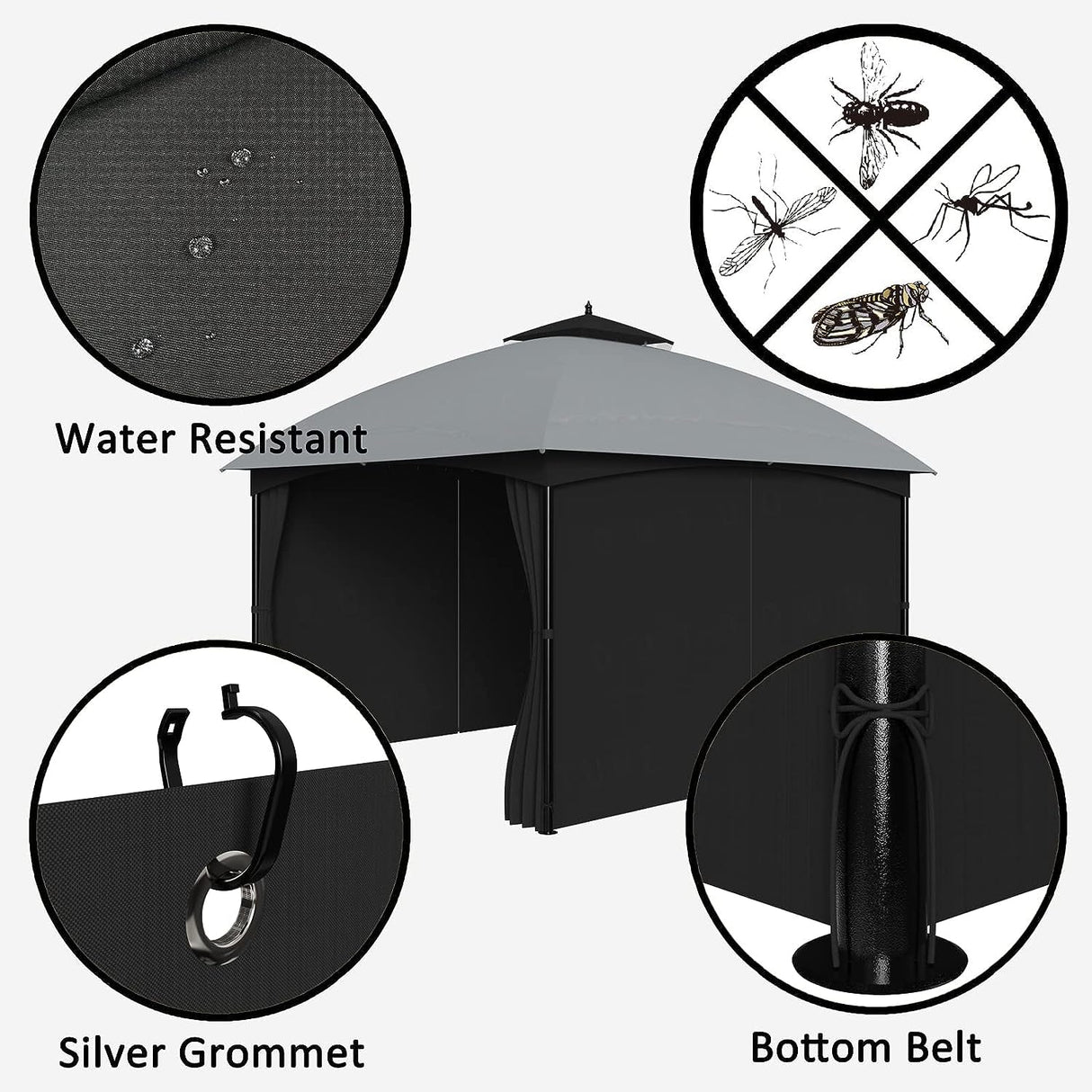 SunCula Replacement Gazebo Curtains Universal Privacy Shade Curtains 4-Panels sidewall with Zipper Outdoor Curtains (12'x16', Black, Only Curtains) SunCula