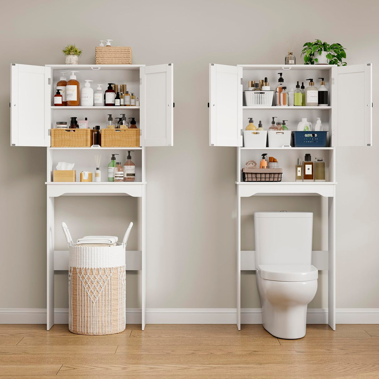 RRX Over The Toilet Storage Cabinet,Bathroom Above Toilet Cabinets Organizer, 24.8" L x 9.1 "W x 65.7 "H Free Standing Toilet Rack with Adjustable Shelf and Open Storage,Double Doors, White RRX