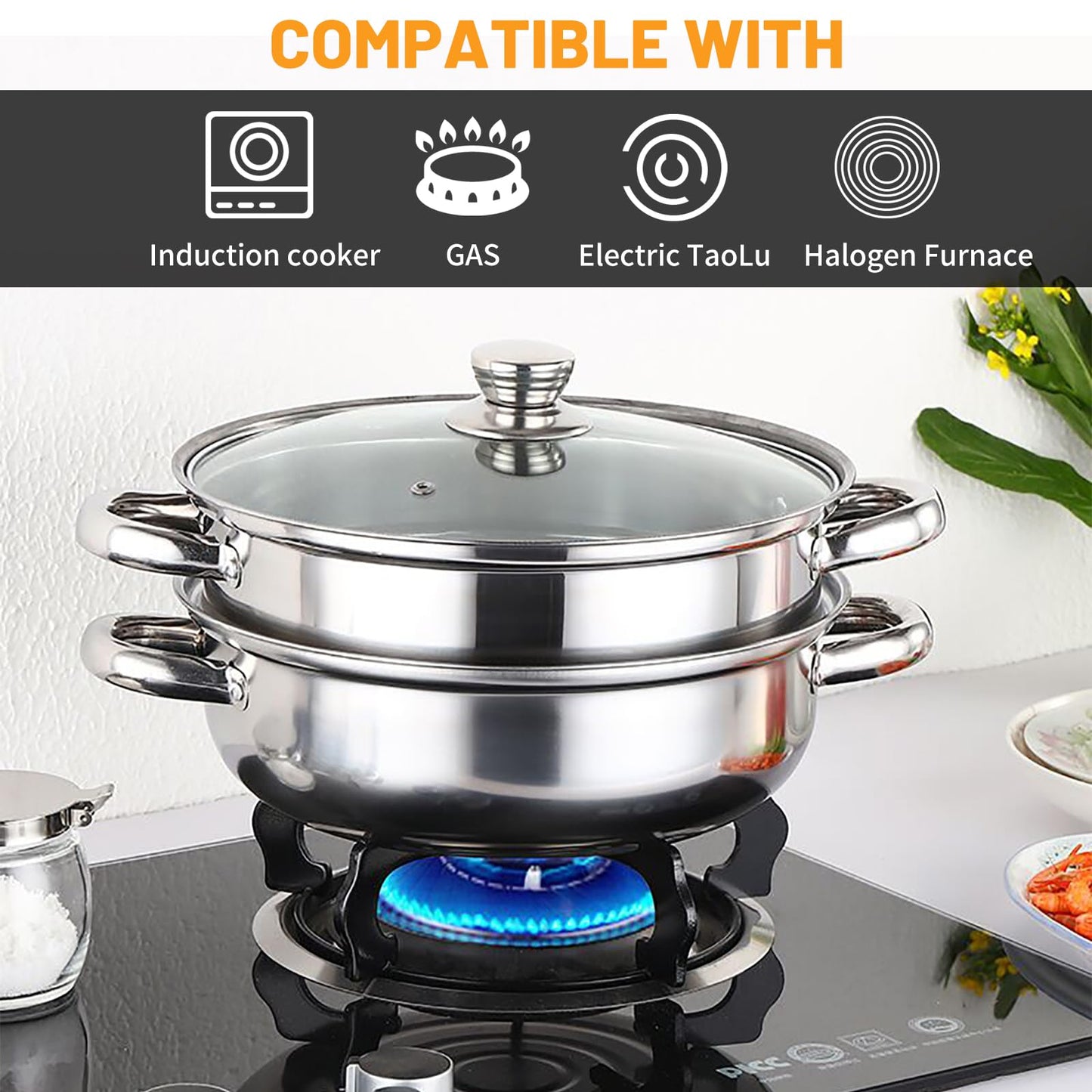 Steamer Pot Stainless Steel 2 Tier - 28cm Steamer Pot w/Glass Lid Food Veg Cooker Pot Cooking Pan Steaming Pot Dim Sum Cookware Steamer For Kitcken Cooking Tool