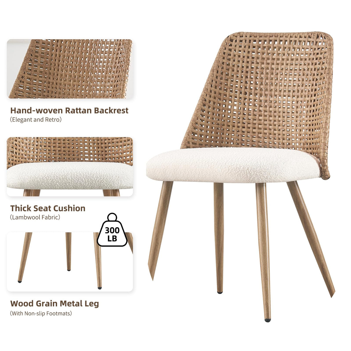 YLKHOME Rattan Dining Chairs Set of 4, Rattan Set of 4 Dining Chairs with Cane PE Rattan Backrest,Upholstered Boucle Fabric Dining Chairs Set of 4, Cesca Cane Dining Chairs for Bedroom, Kitchen YLKHOME