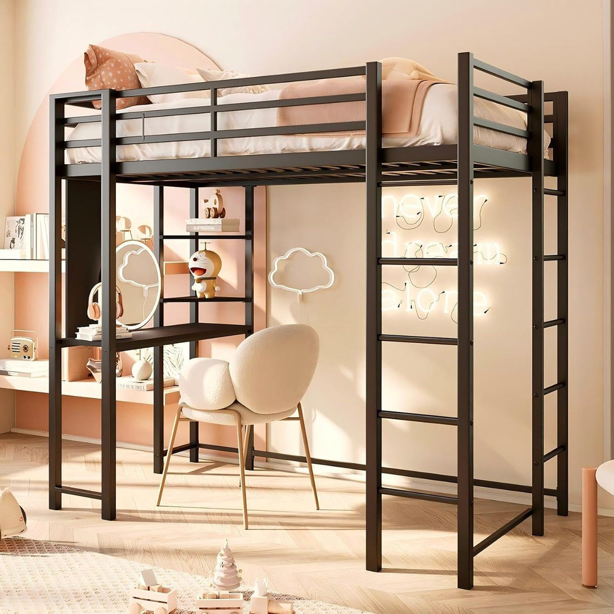 SUNLEI Metal Loft Bed Frame with Desk, Full Size Loft Bed with 2 Built-in Ladders & Safety Guard, Noise Free for Small Bedroom, Classic Black SUNLEI