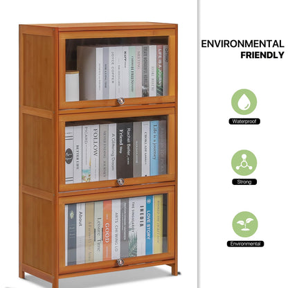 Magshion Bamboo 3-Tier Display Case Bookcase with Clear Acrylic Flip-Up Doors, Brown Kitchen Cabinet Storage Pantry Cabinet Showcase Storage Cabinet Organizer - 23.2" L x 12.6" W x 41.7" H