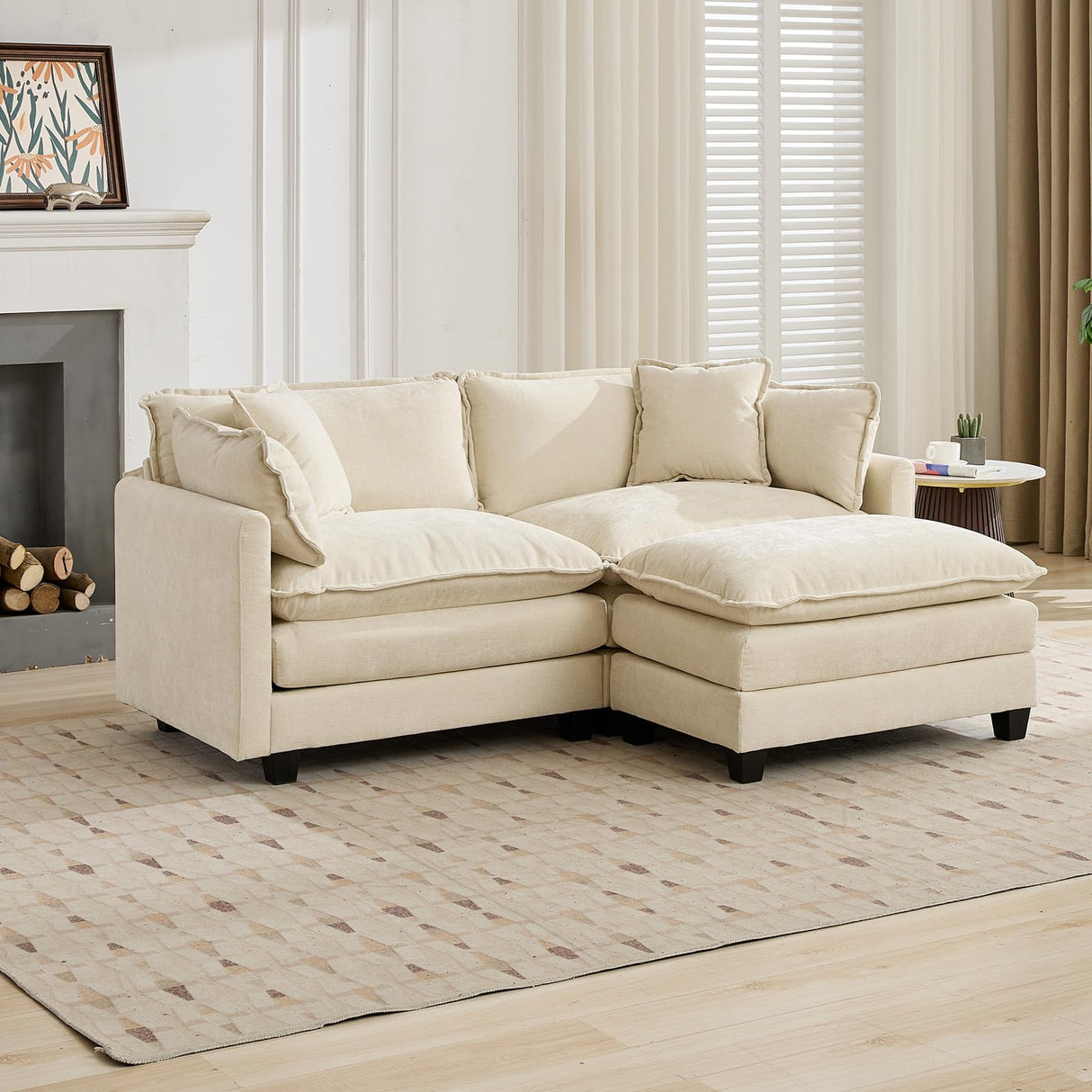 76.7" Oversized Beige Loveseat Sofa, Ivory Off-White 2 Seater Large Sectional Couches for Living Room, Chenille Fabric Modular Sectional Sofa with 1 Ottoman, Modern Sofas Set, Love Seat Couches ODUSE-DAILY