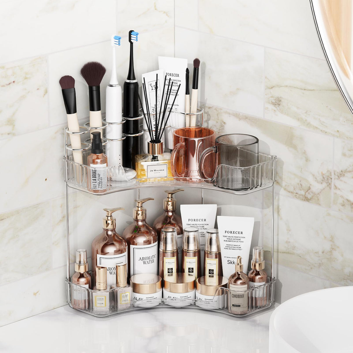 Asayuee 2-Tier Corner Bathroom Counter Organizer with Top Toothbrush Holders,Large Makeup Organizer Countertop with Brush Holder,Skincare Organizers Corner,Exquisite Vanity Organizer(Clear, 2 Tier) Asayuee