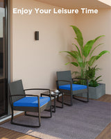 Qsun 3 Piece Patio Bistro Set Patio Furniture Set Outdoor Wicker Rocking Furniture Conversation Set with Tempered Glass Coffee Table for for Front Porch Balcony and Deck (Blue Cushion Qsun