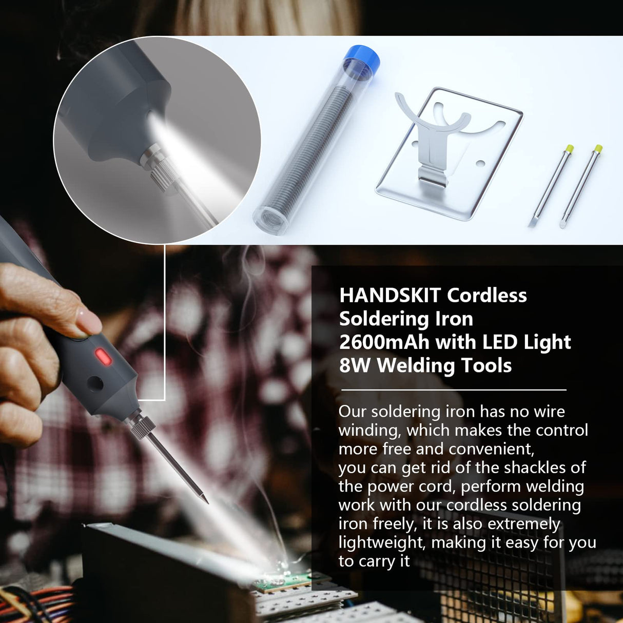 Cordless Soldering Iron 2600mAh with LED Light, 8W Welding Tools, Rechargeable Battery Soldering Iron Electric, Soldering Iron Kit with Adjustable Temp 300-450℃, Fast Heating, Portable Soldering Kit HANDSKIT