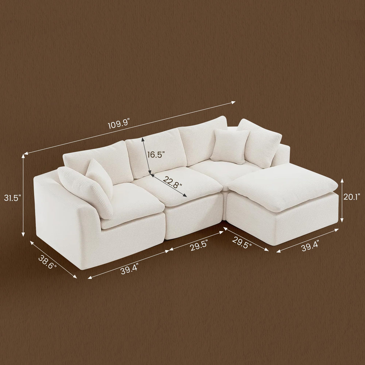 Oversized Cloud Couch Sectional for Living Room - 4 Seater Modular Sectional Sofa with Ottoman Convertible L/U Shaped Boneless Design Warm Couches & Sectionals MastonHome