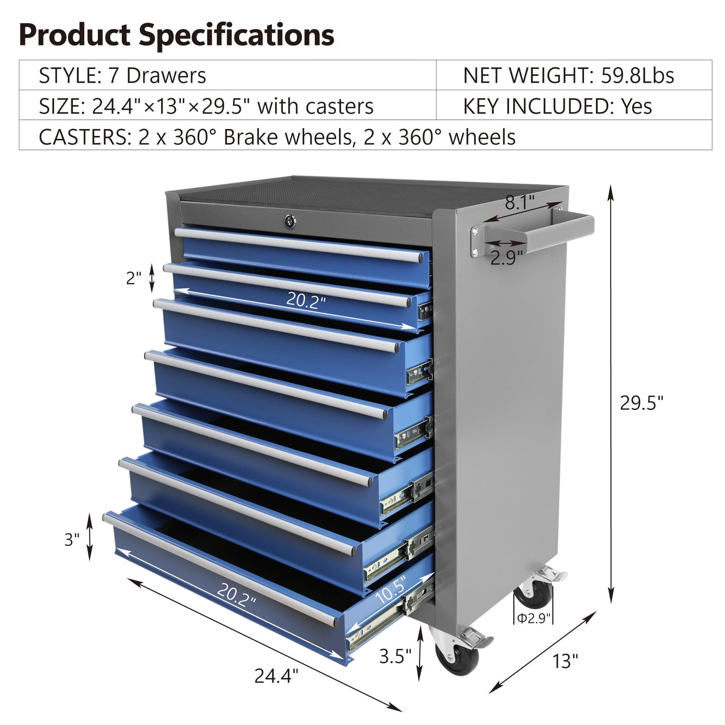 Entcook Rolling Tool Chest 7 Drawer Rolling Tool Cabinet Tool Cart On Wheels Adjustable Shelf Tool Organizer with Wheels for Garage Workshop - WoodArtSupply