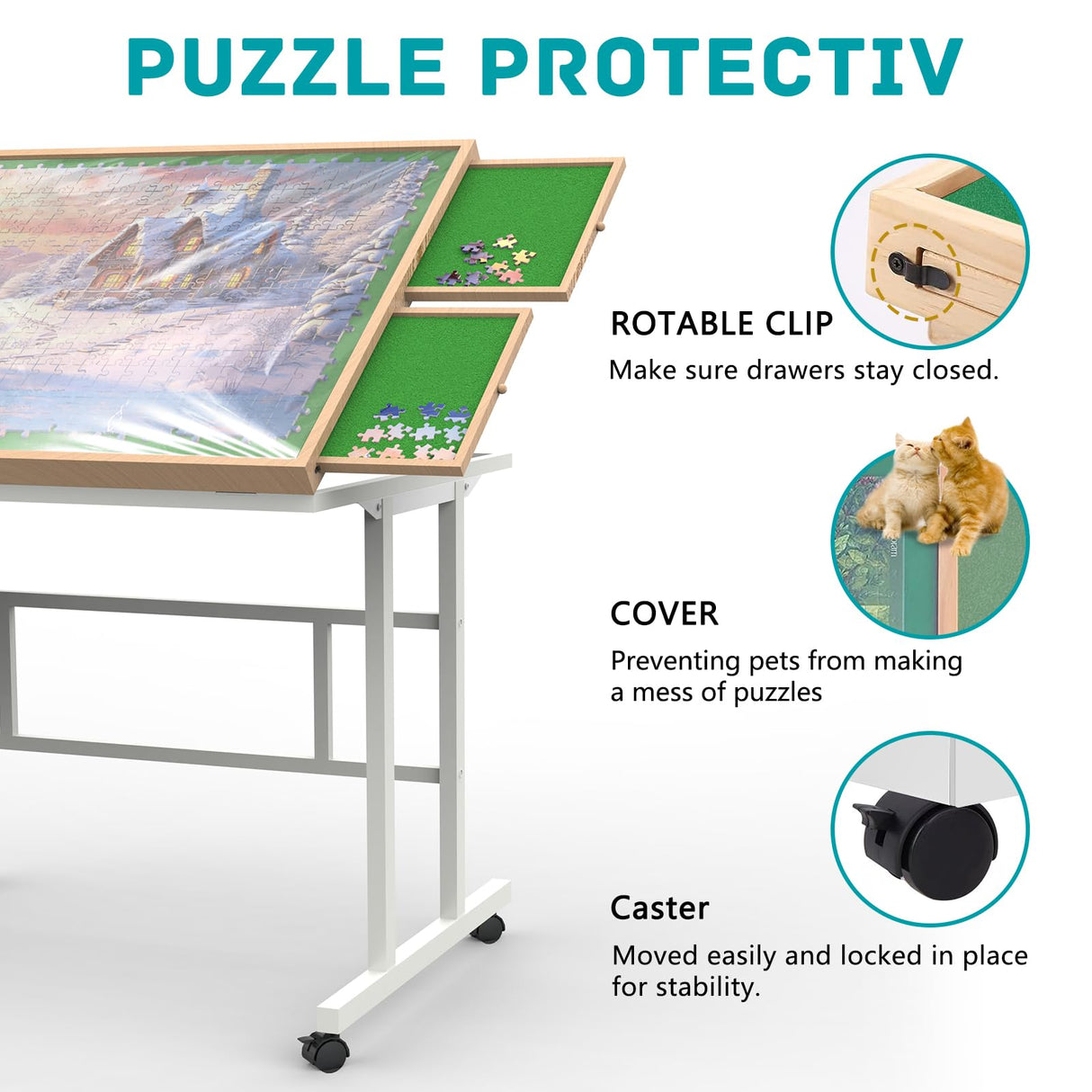Doerpuz Jigsaw Puzzle Table 1500pcs,Puzzle Table with Legs and Storage Pocket,5 Adjustable Up Level Puzzle Tables for Adults，Puzzle Table with Drawers and Wheels,Wooden and Green Color Doerpuz