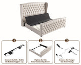 AMERLIFE King Size Adjustable Bed Frame with 51" H Velvet Upholstered and Deep Button Tufted Headboard, Electric Bed with Dual Motor/Nailhead Trim Wingback, No Box Spring Needed, Cream AMERLIFE