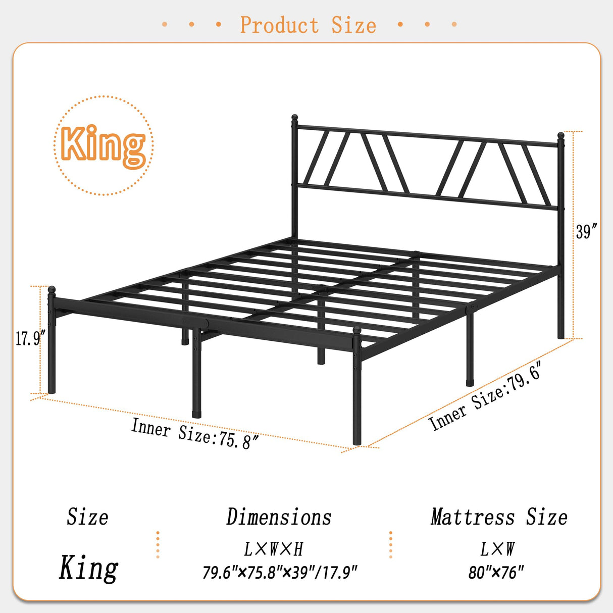 Kujielan Metal Platform Bed Frame with Headboard, 14 Inches King Bed, No Box Spring Needed, Steel Slat Support, Black, Easy Assembly Kujielan