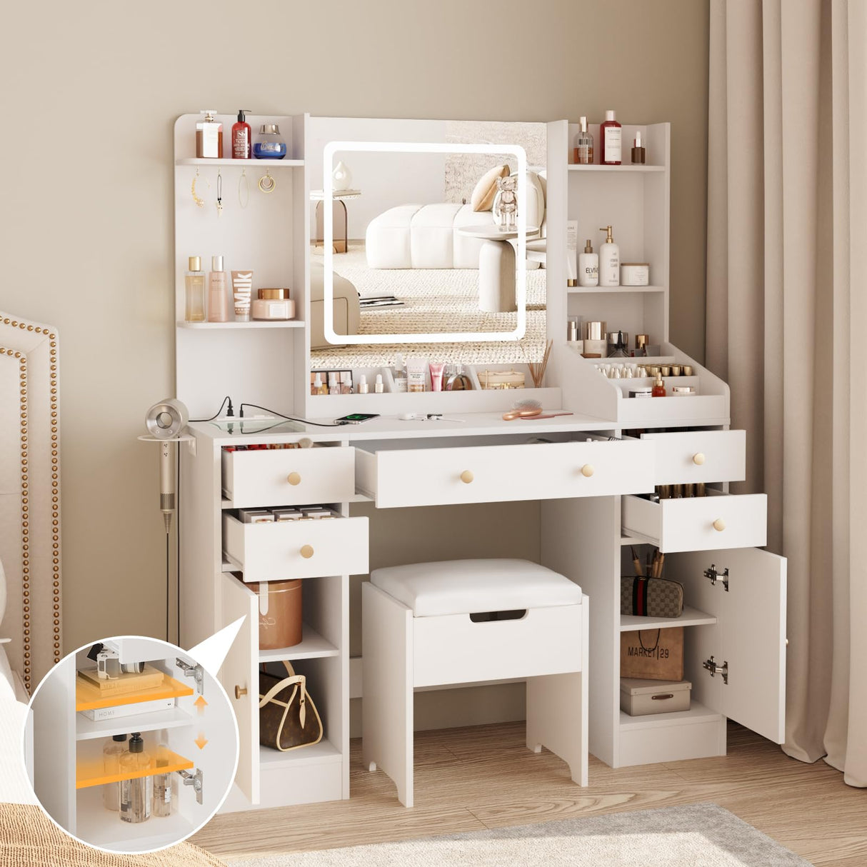 Vabches Vanity Desk with Lights, Makeup Vanity Table with Charging Station, 44.9in Big Vanity Set with 5 Drawers & Lots Storage Space, White Vabches