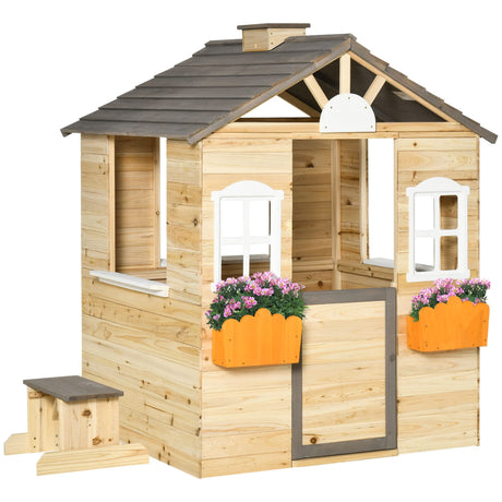 Outsunny Wooden Playhouse for Kids Outdoor Garden Pretend Play Games, Adventures Cottage, with Working Door, Windows, Bench, Service Station, Flowers Outsunny