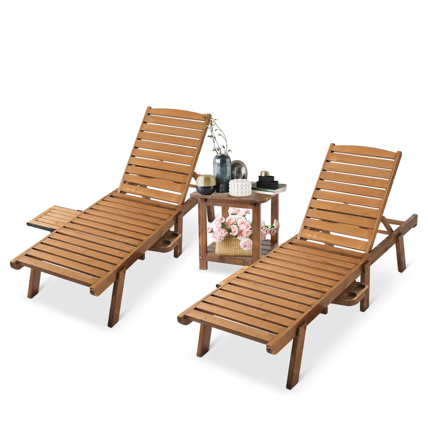 3 PCS Patio Chaise Lounge Chair - Wood Lounge Chair Set with Coffee Table, Outdoor Lounge Chairs Set of 2 with Adjustable Backrest