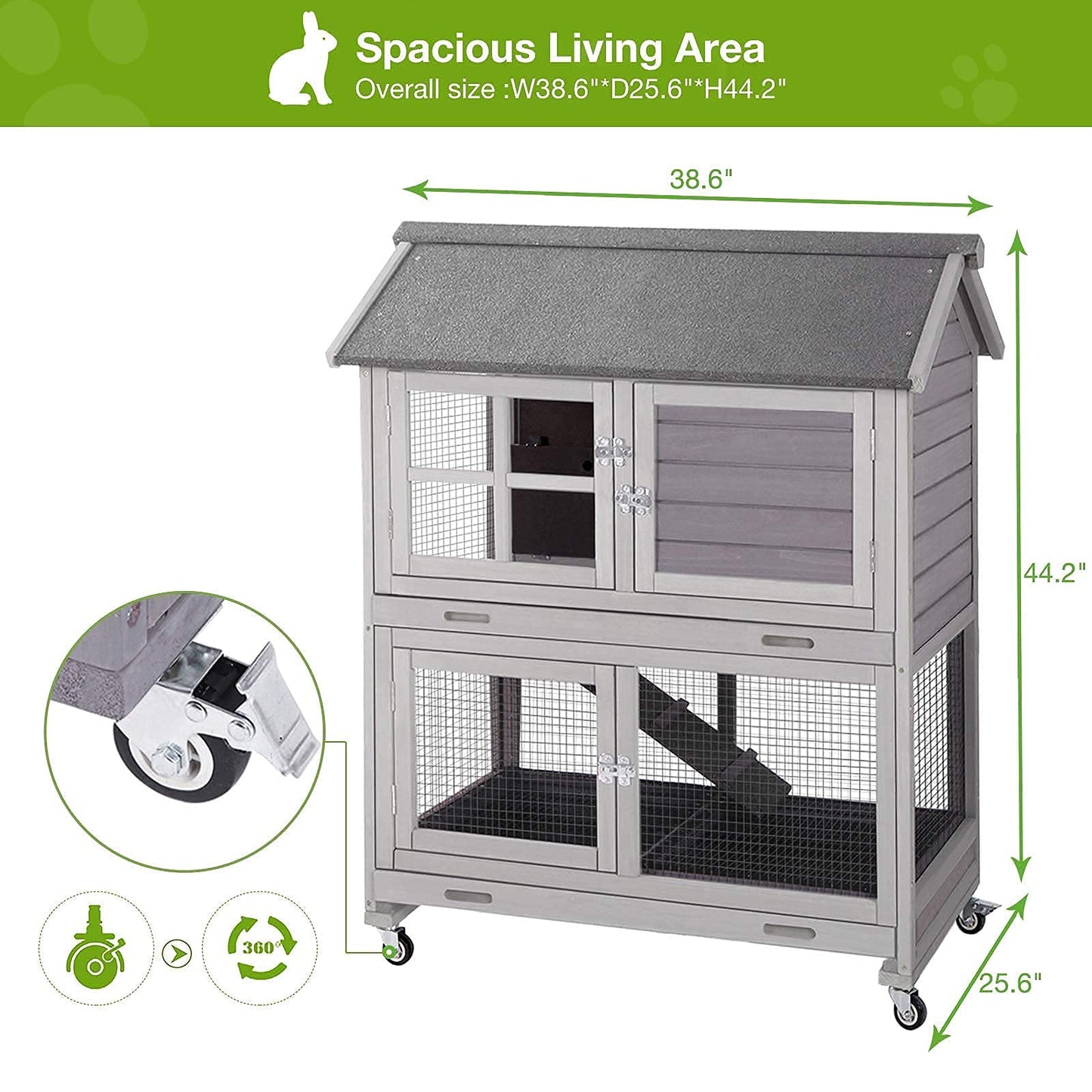 Rabbit Hutch Indoor Outdoor Bunny Cage Rabbit House with Movable Wire Netting, Guinea Pig Habitat On Wheels,Pull Out Leak Proof Tray L38.6 x D25.6 x H44.2