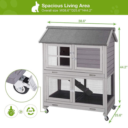 Rabbit Hutch Indoor Outdoor Bunny Cage Rabbit House with Movable Wire Netting, Guinea Pig Habitat On Wheels,Pull Out Leak Proof Tray L38.6 x D25.6 x H44.2