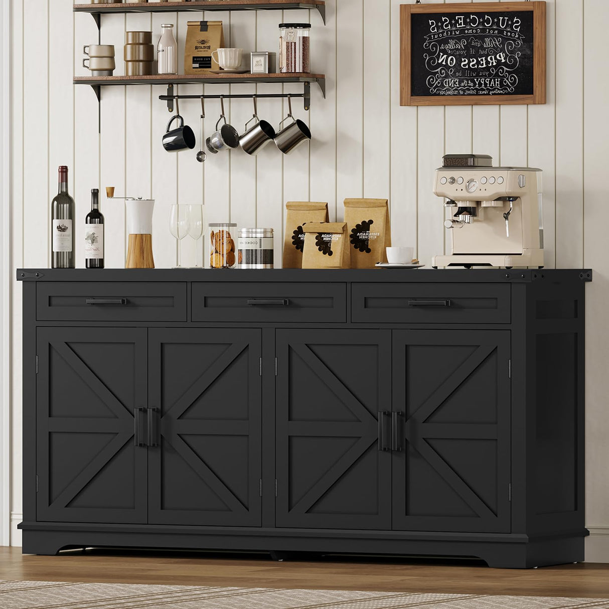 usikey Buffet Cabinet, 63” Large Sideboard Buffet Storage Cabinet with 3 Drawers, Farmhouse Coffee Bar with 4 Doors, for Kitchen, Living Room, Black usikey