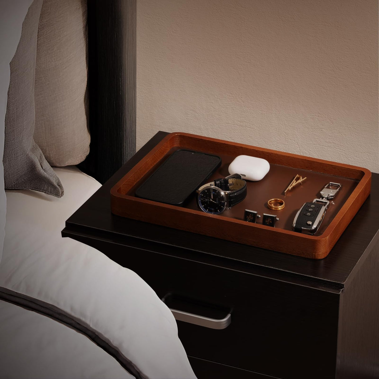 ProCase Wooden Valet Tray for Men, Wood Catch-All EDC Organizer, Nightstand, Entryway Bedside Dump Holder, for Wallets, Keys, Watches, Phones, Loose Change, Trinkets -DarkBrown ProCase