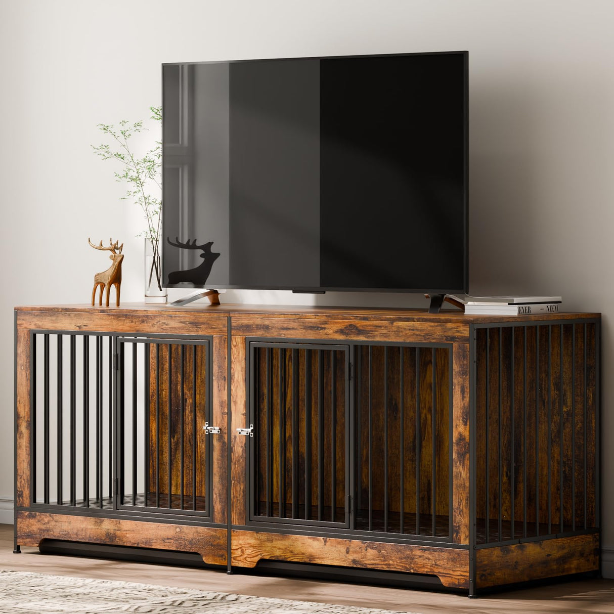 VEVOR 75" Dog Crate Furniture for 2 Dogs,Extra Large Double Dog Crate Furniture Large Breed with Divider & Double Doors,Large Wooden Dog Crate Furniture TV Stand for Medium Large Dogs Brown VEVOR