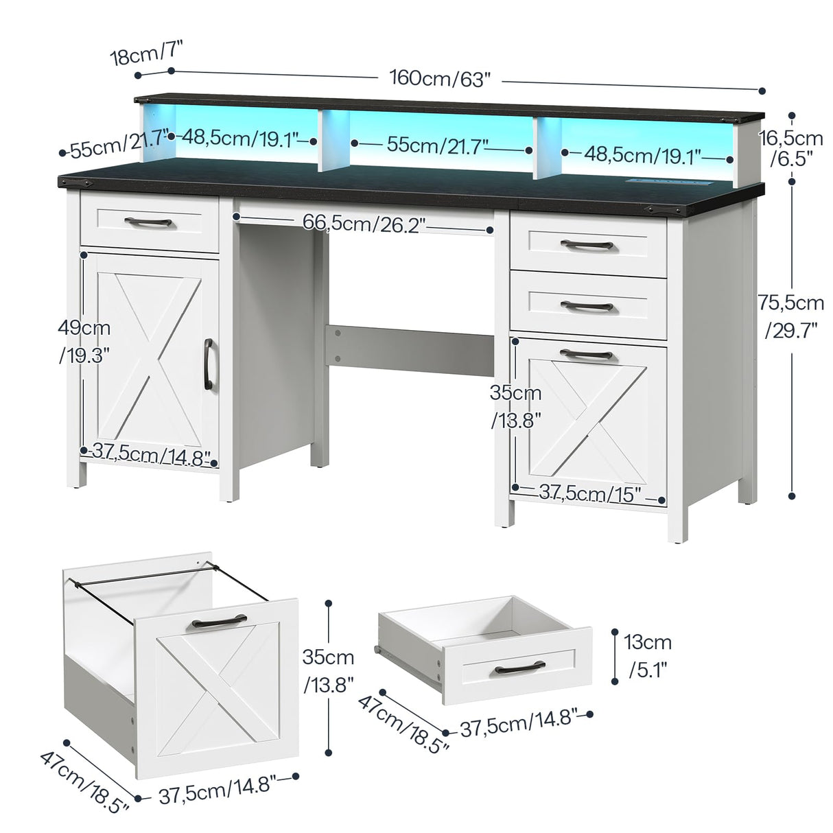 HOOBRO Farmhouse Executive Desk with Drawers, 63" Large Farmhouse Desk with Power Outlet & LED Light, Office Desk with Drawers, Computer Desk with File Cabinet, Writing Desk with Monitor Stand, White HOOBRO
