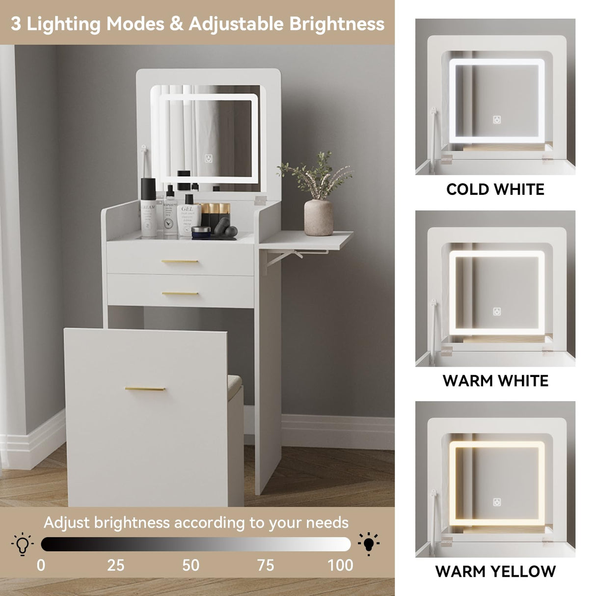 ARTETHYS Small Vanity Desk Set with Flip-top Mirror and Lights White Integrated Makeup Table for Small Space Compact Mini Dressing Table with Fold-up Panel and Storage Chair for Bedroom ARTETHYS