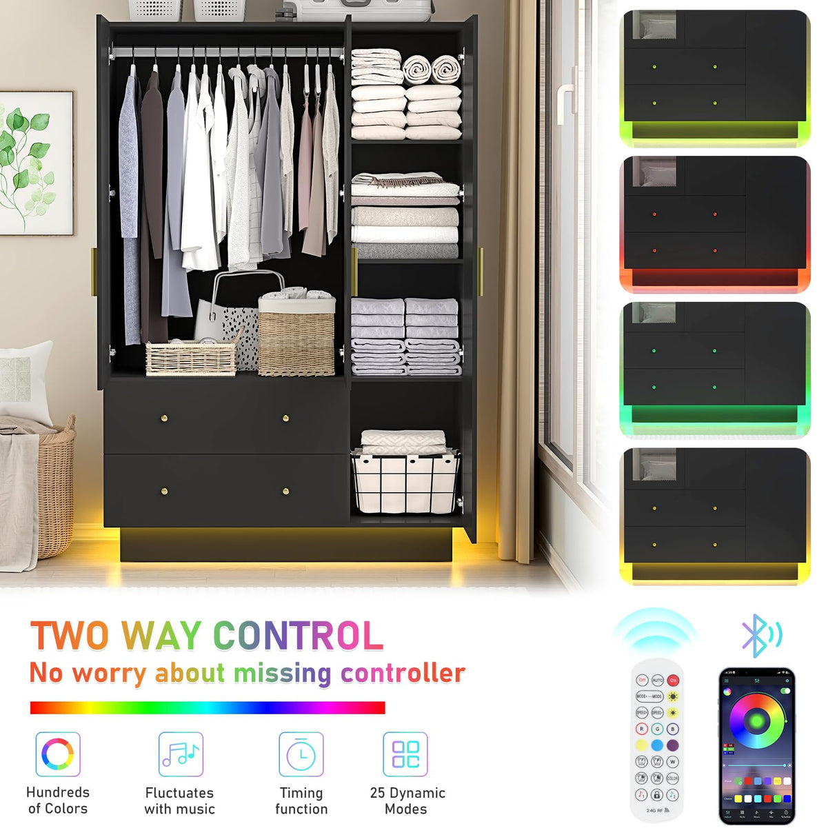 jiteentarou 3 Door Wardrobe Closet with Mirror and LED Lights, Bedroom Armoire with Drawers Shelves, Modern Wooden Armoire Wardrobe Closet with Hanging Rod for Bedroom, Black jiteentarou