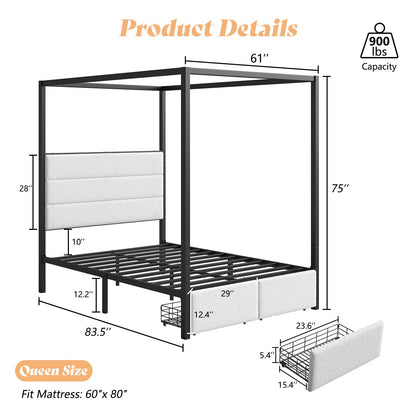 AMERLIFE Queen Size Canopy Bed Frame with 2 Drawers & 4 Posts, Upholstered Boucle Tufted Headboard Poster Bed, Metal Platform Bed, No Box Spring Needed, White