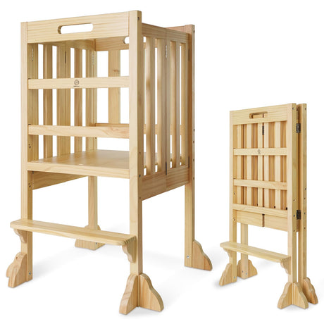 WOOD CITY Kitchen Step Stool Helper - Montessori Foldable Standing Tower for Toddlers with Safety Rail, Height Adjustable Ideal Helper for Learning New Skills, Natural Pure Pine Wood (Natural) WOOD CITY