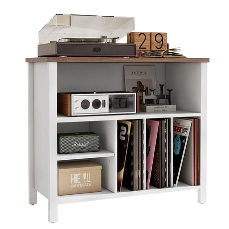Record Player Stand, Mid-Century Vinyl Record Storage Cabinet, 3-Tier Record Player Holder, Turntable Stand with 4 Cabinet up to 220 Albums, End Table for Bedroom Music Room Living Room, White FFBCFDK