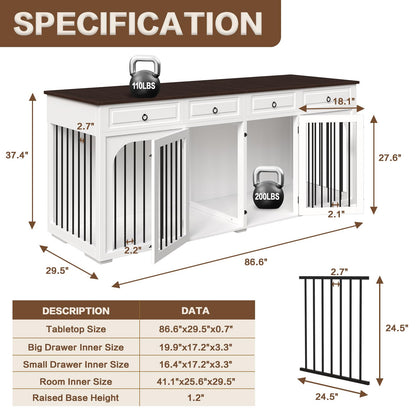 86.6" Extra Large Dog Crate Furniture for Large Breeds,XXXL Wooden Double Dog Crates Kennel Cage Furniture Style TV Stand Side End Table for 2 Dogs with Divider Locks and 4 Drawers,White