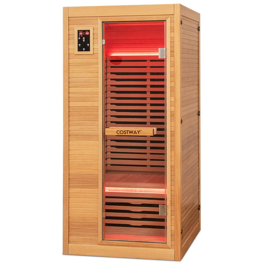 COSTWAY 1-2 Person Far Infrared Wooden Sauna Room, Canadian Hemlock Indoor Low EMF Sauna with Oxygen Ionizer, 9 Carbon Heaters, 4 Light Strips, Tempered Glass Door, Personal Sauna for Home