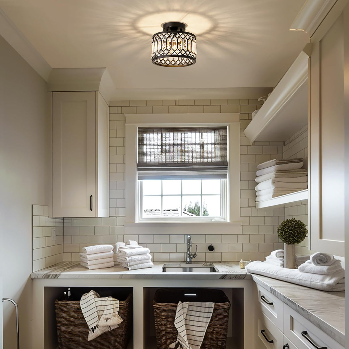 Pevfah Crystal Black Ceiling Light, Modern Semi Flush Mount Ceiling Lighting Fixture, Round Hallway Lighting Fixtures Ceiling for Kitchen Entryway Bedroom Laundry Room, 1-Light, 9 Inch Pevfah