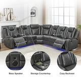Power Recliner Sectional Sofa with Bass Speaker,Wireless Charger,Electric Reclining Sectional Sofa with 2 Faux Leather Recliner,LED Strip,Reading Light,Type-C USB Port,Cup Holder,Storage Console Gray Comfort Stretch