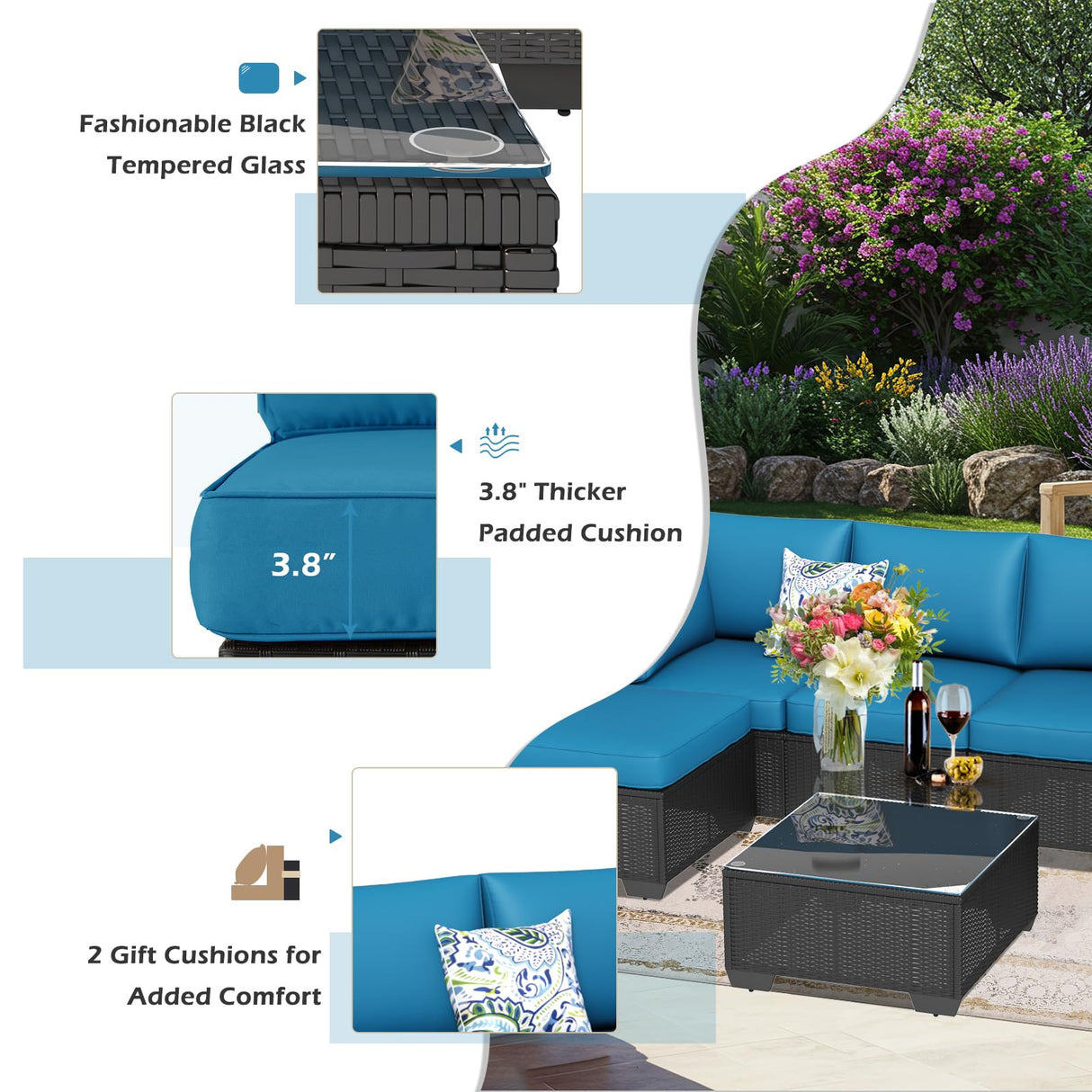 U-MAX 7 Piece Outdoor Patio Furniture Set with 30 Inch Fire Pit Table, PE Rattan Wicker Sofa Set, Outdoor Sectional Furniture Set with Cushions and Tea Table, Black Rattan and Peacock Blue Cushion U-MAX