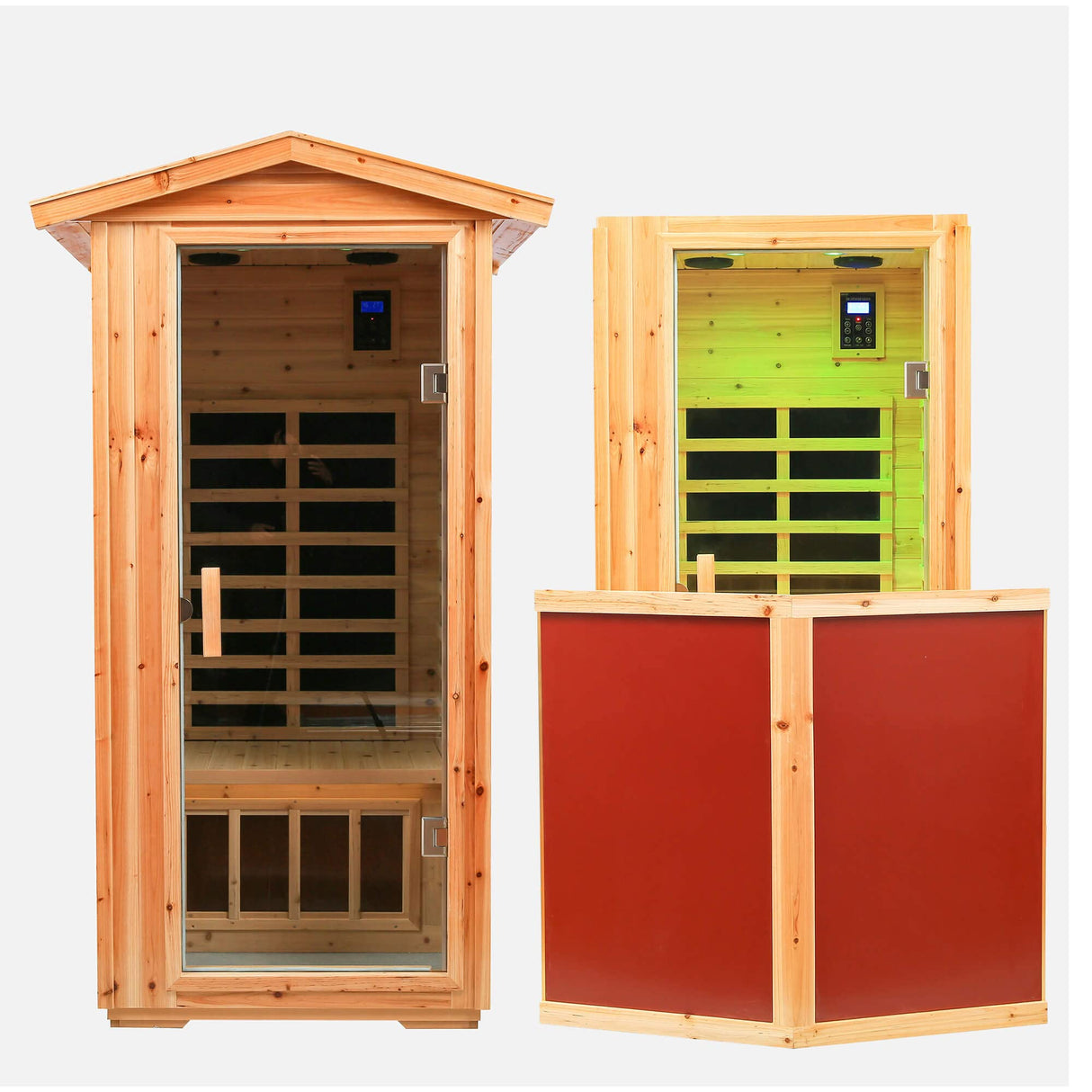 Xmatch Far Infrared Wooden Outdoor Sauna, 1-Person Size, w/1560W, 6 Low EMF Heaters, 10 Minutes Pre-Warm up, Time and Temp Pre-Set, 2 Bluetooth Speakers, 1 LED Reading Lamp and 2 Chromotherapy Lights Xmatch