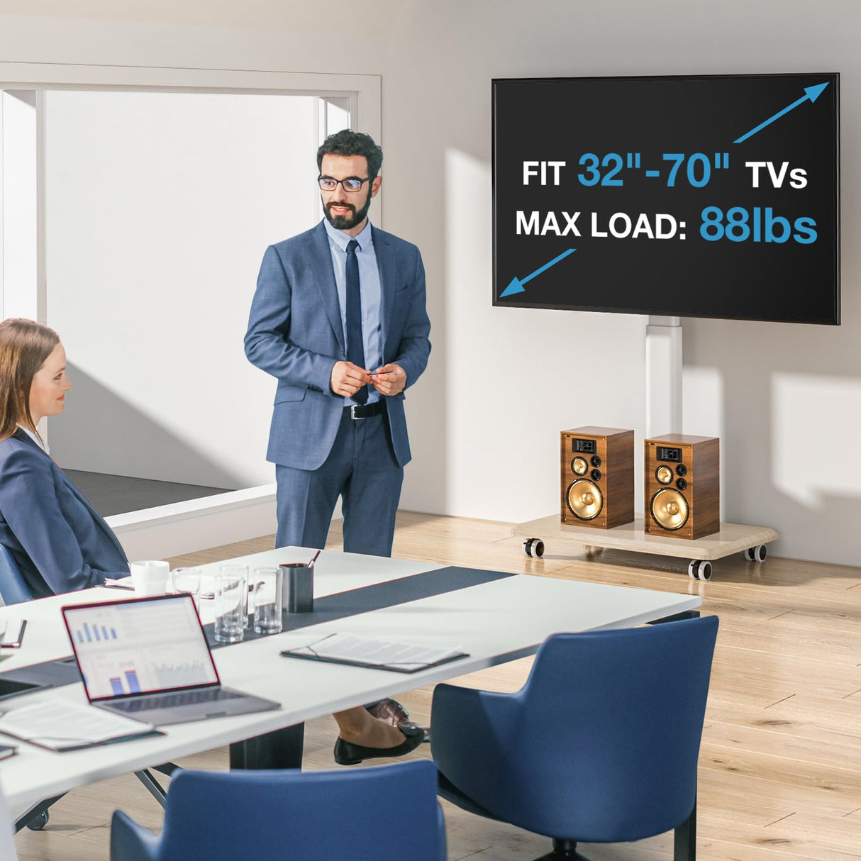 YOMT Floor TV Stand with Mount for 32-70 Inch Flat Screen/Curved TVs, Swivel Rolling Height Adjustable Portable TV Stand on Wheels, Modern Mobile Wood Base White TV Stand for Bedroom Home Office YOMT