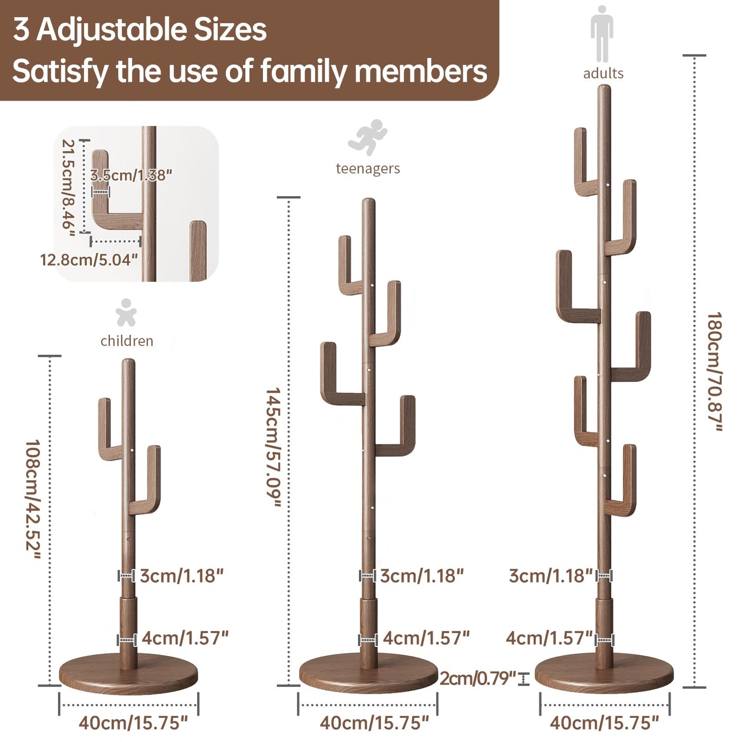 KASLANDI Coat Rack, Solid Wood Cactus Coat Rack Stand, Freestanding Coat Rack with 6 L-shaped Hooks and 3 Adjustable Sizes, Sturdy and Easy to Assemble Coat Tree for Entryway, Bedroom (Walnut)