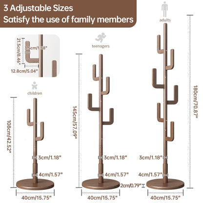 KASLANDI Coat Rack, Solid Wood Cactus Coat Rack Stand, Freestanding Coat Rack with 6 L-shaped Hooks and 3 Adjustable Sizes, Sturdy and Easy to Assemble Coat Tree for Entryway, Bedroom (Walnut)