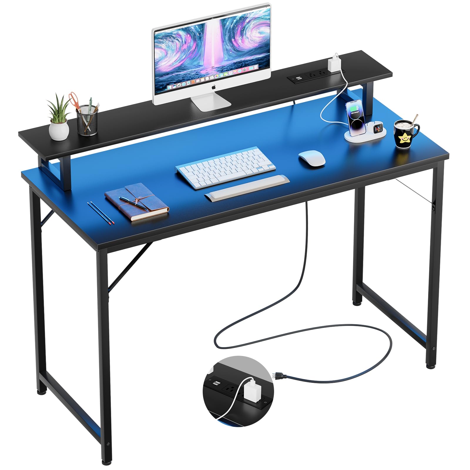 iSunirm 47 inch Computer Desk with Power Outlets, Gaming Desk with LED Lights, Home Office Work Desk with Monitor Shelf, Modern Office Desk Study Writing Table for Small Spaces, Black - WoodArtSupply