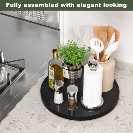 Lazy Susan Organizer, 13.2 Inch Non-Skid Bamboo Lazy Susan for Kitchen Table cabinets Closets and Kitchen Islands, Wood Turntable for Kitchen Countertop Organizer Black VeyFey