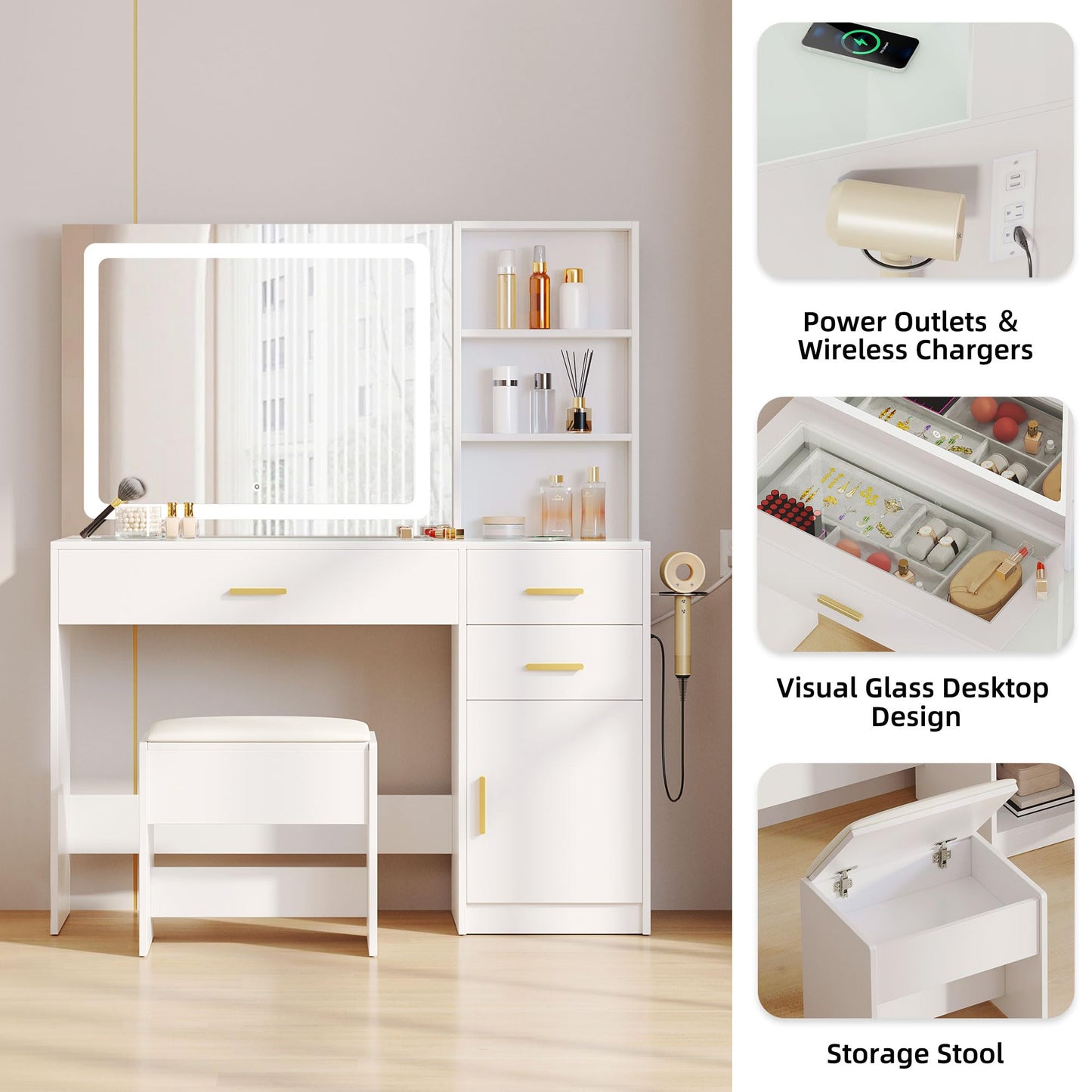 DWVO 45" W Vanity Desk with Wireless Charging Station & Power Outlet, Vanity Mirror w/Lights Table Set with Storage Bench, 4 Large Drawers Vanity Set 3 Lighting Modes Brightness Adjustable, White