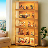 idhhco 5 Tier Curio Display Cabinet, Storage Cabinet with Acrylic Glass Door, Collectibles Toy Organizers Rack & Display Shelf, Kids Bookcase for Bedroom, Reading Nook, Toddler's Room, Bamboo idhhco