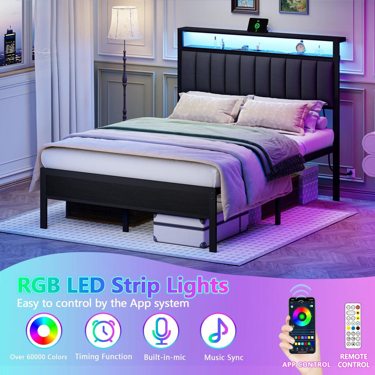 Furnulem Queen Size Bed Frame with Charging Station and LED Lights, Platform Bed with Metal Slats, Grey Upholstered Headboard with 2-Tier Storage Shelves, No Box Spring Needed Furnulem