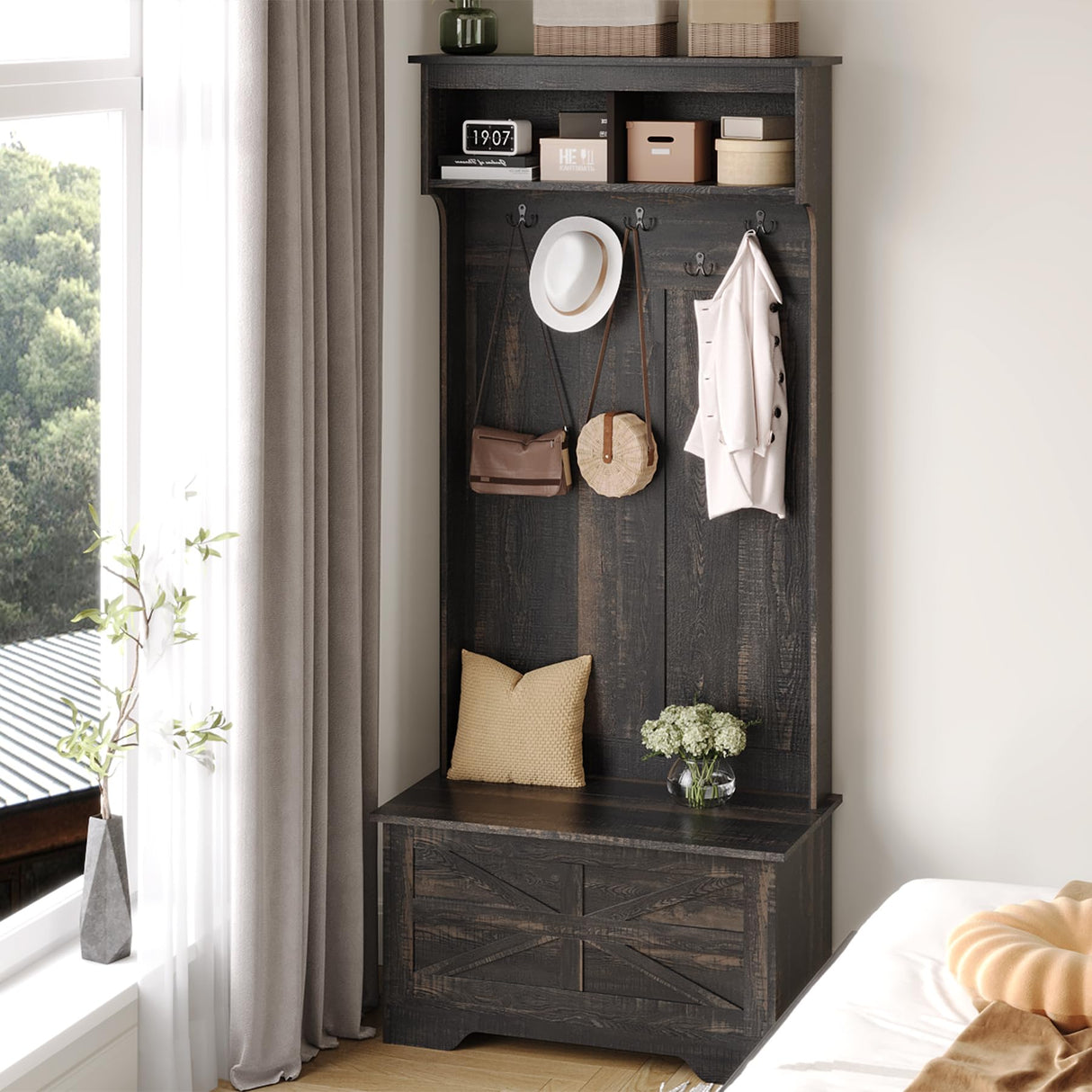 Maupvit Hall Tree with Storage Bench, 71" Entryway Bench with Coat Rack & Storage Cabinet, 4-in-1 Mud Room Organization with Seating, 5 Hooks, Retro Accent Coat Tree for Living Room, Rustic Dark Brown Maupvit