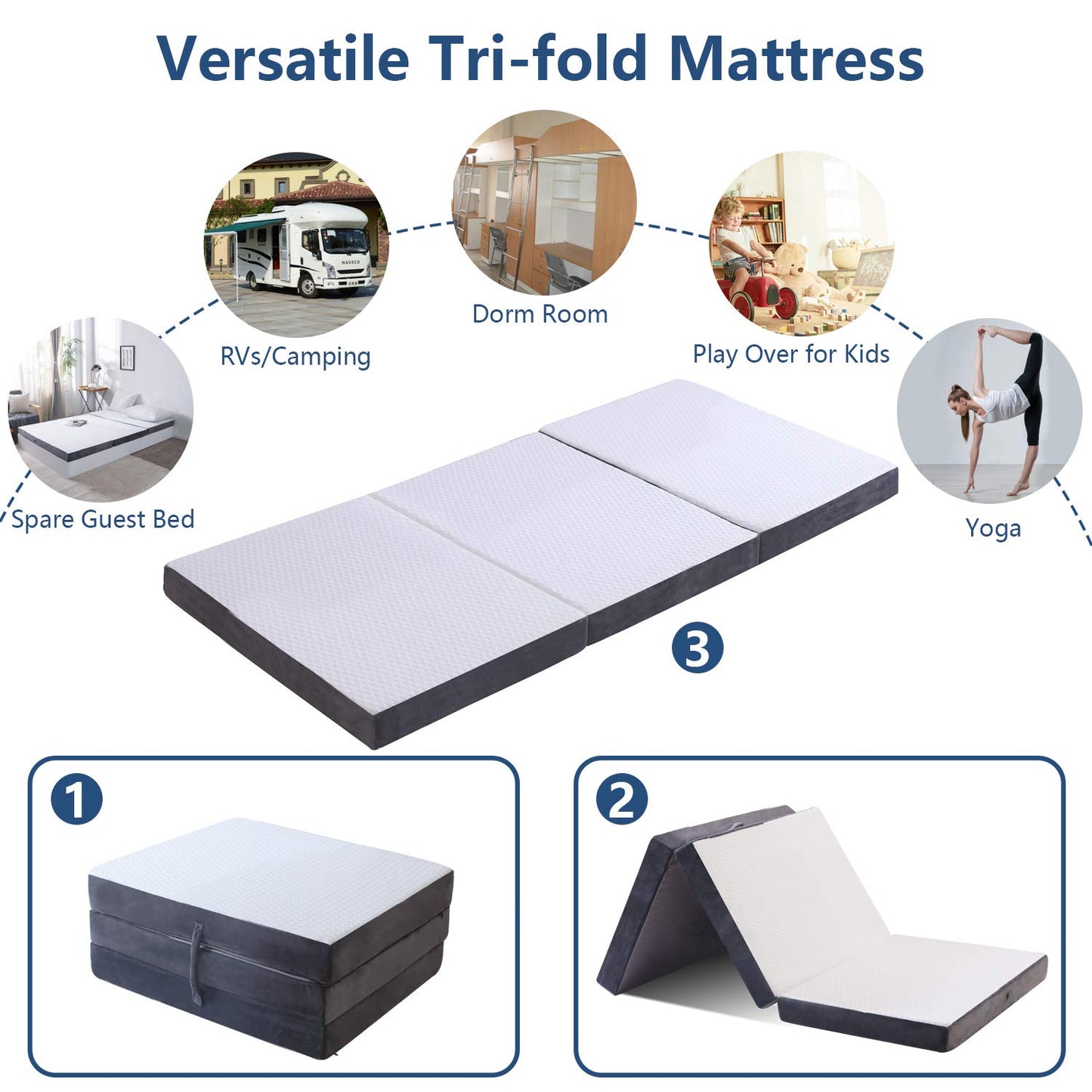 GOHOME 6.0 Inch Folding Mattress Single Camping Mattress with Super Soft Removable Cover, Folding Bed Twin Mattress with Non-Slip Bottom for Back Pain Relief, Twin 38"x75"x6"