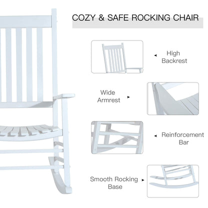 Outsunny Outdoor Rocking Chair, Wooden Rocking Patio Chairs with Rustic High Back, Slatted Seat and Backrest for Indoor, Backyard, Garden, White